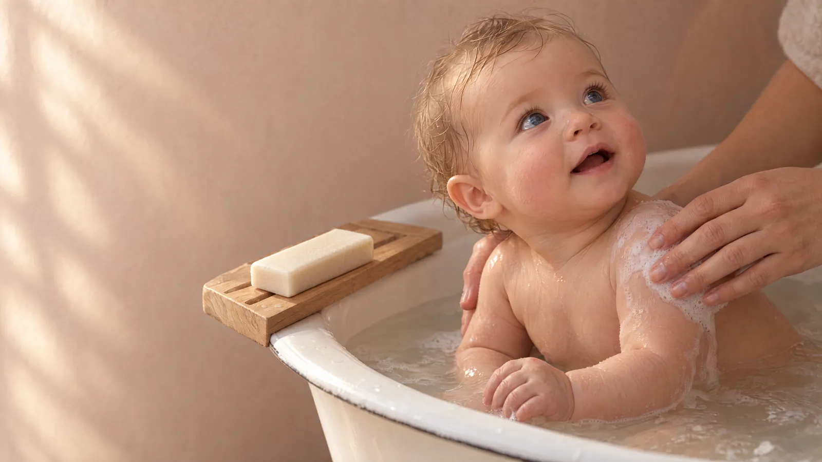 A parent’s hands lathering a smiling baby’s shoulder in a small white tub.