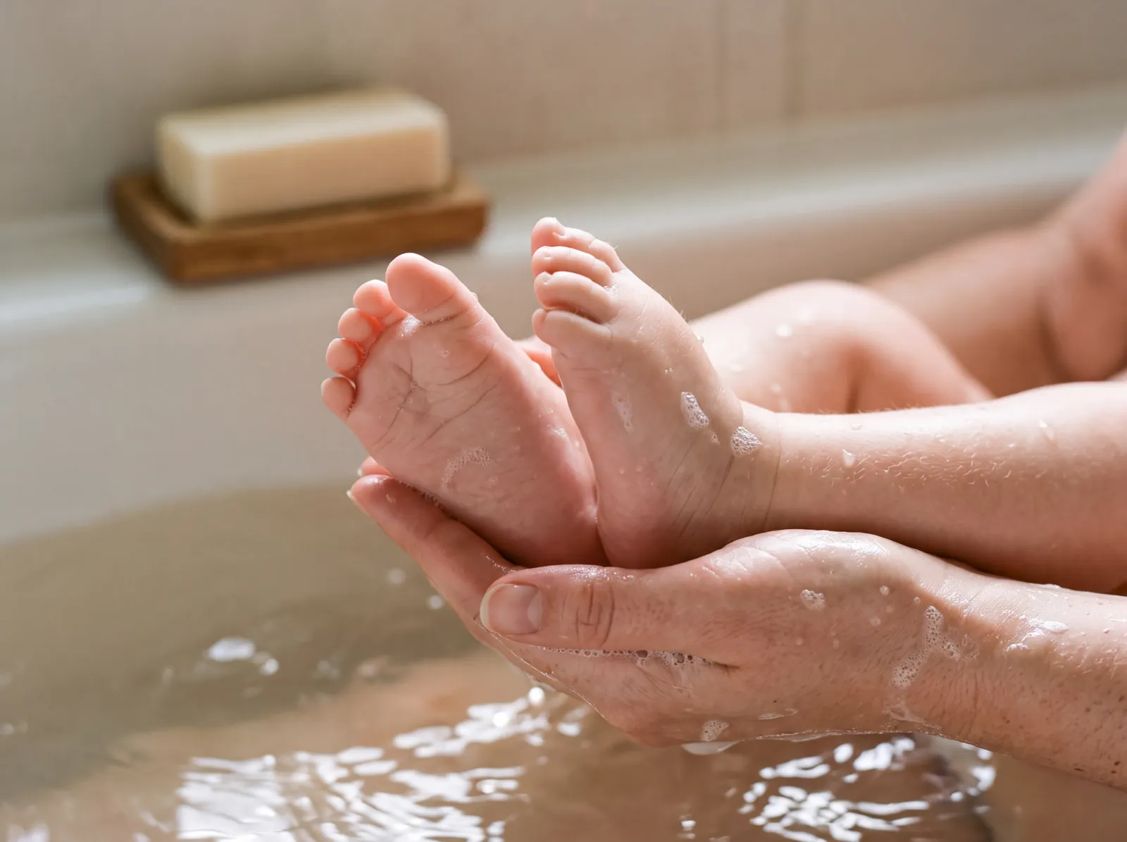 A parent’s hands cupping a baby’s feet above warm bath water.
