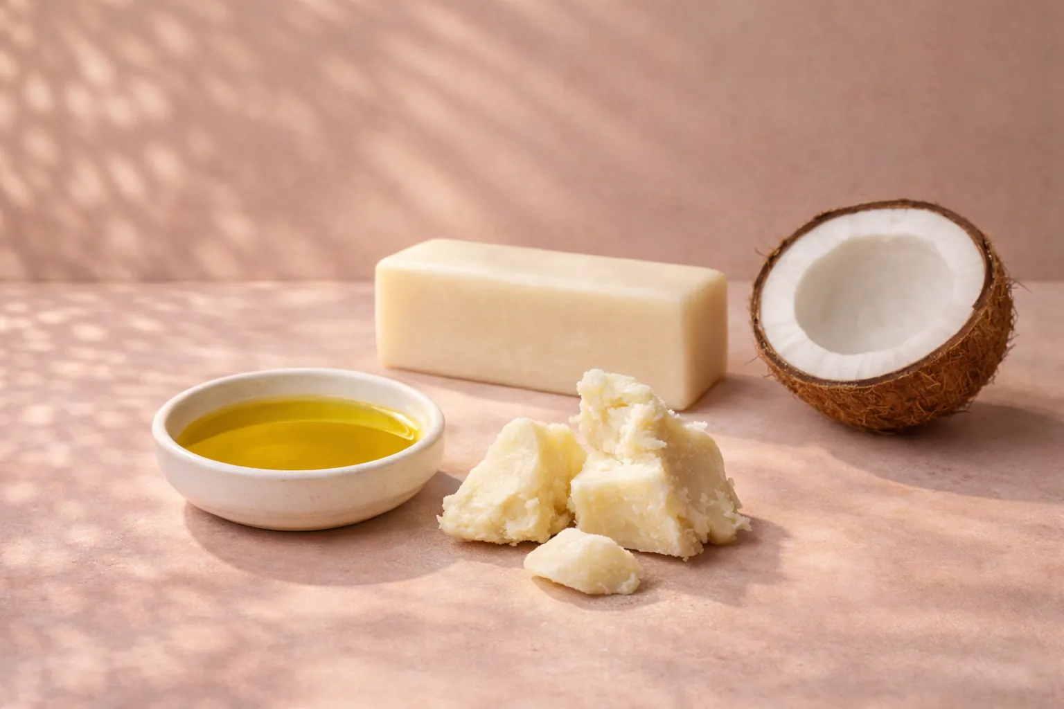 Olive oil, shea butter and coconut beside a bar.