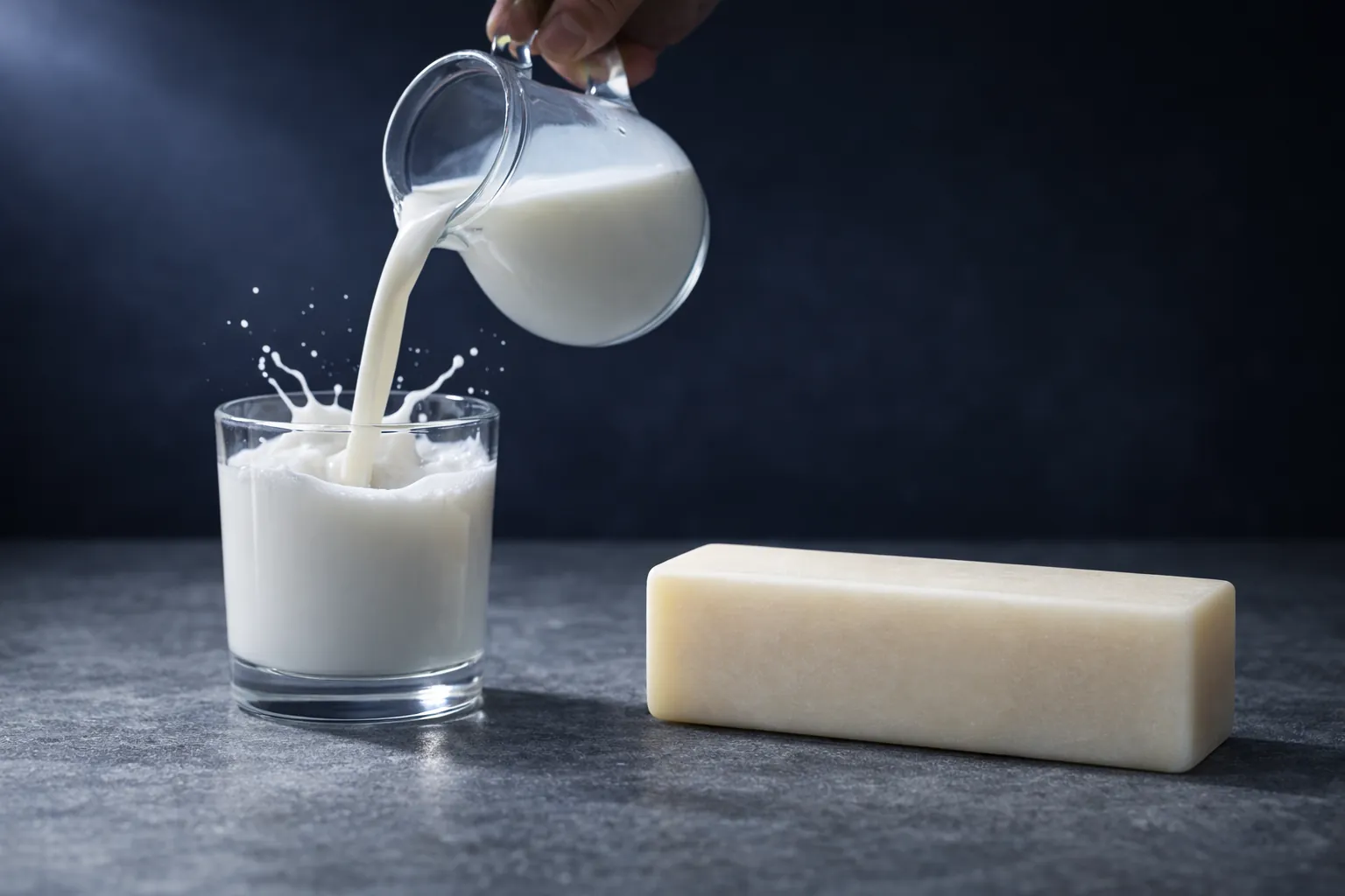 Goat milk poured beside a pale cream bar.