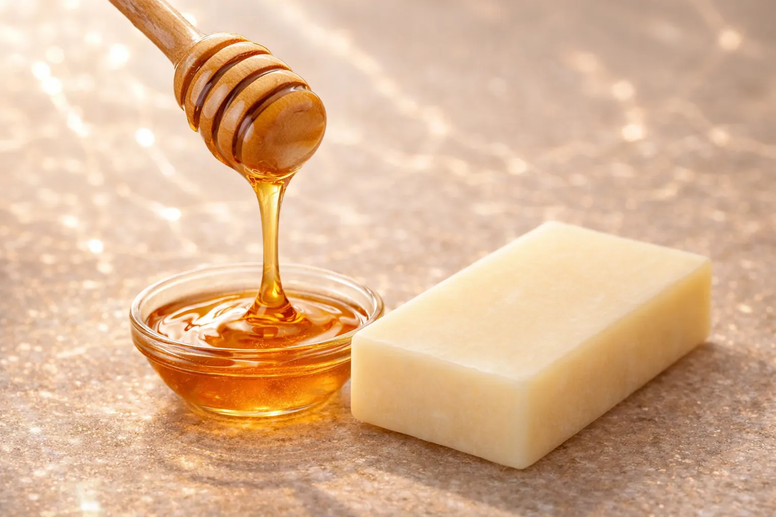 Mānuka honey beside a pale cream bar.