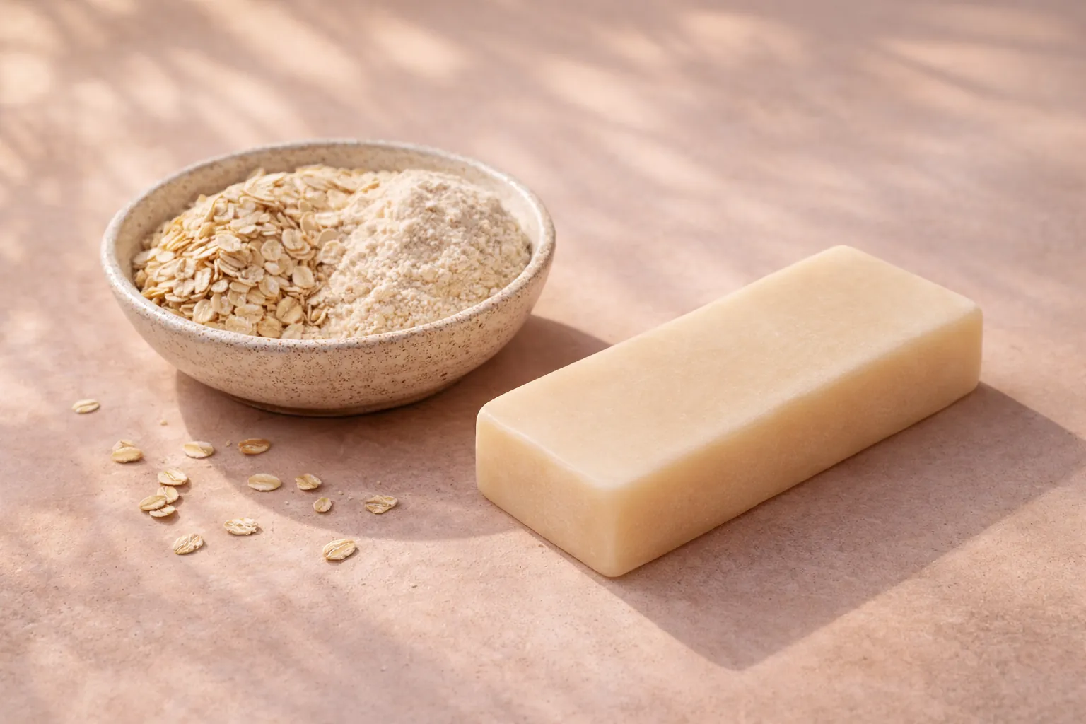 Rolled oats and oat flour beside a pale cream rectangular bar.